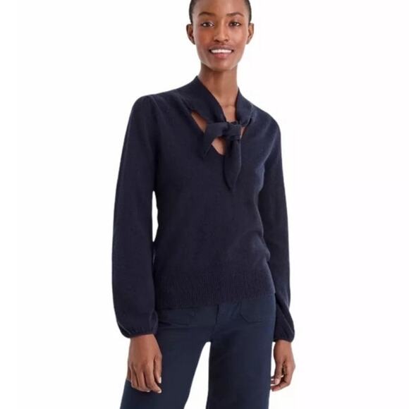 J. Crew Everyday Tie Neck Keyhole Cashmere Sweater Black Size M - Picture 1 of 11